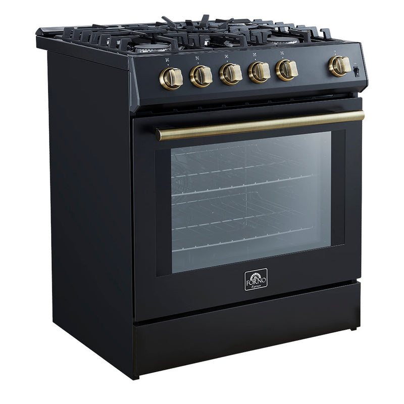 Forno 5-Piece Appliance Package - 30-Inch Gas Range, Under Cabinet Range Hood,  French Door Refrigerator, Dishwasher, and  Microwave Drawer in Black with Antique Brass Trim