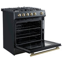 Forno 3-Piece Appliance Package - 30-Inch Gas Range, Under Cabinet Range Hood, & Refrigerator in Black with Antique Brass Trim