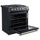 Forno 5-Piece Appliance Package - 30-Inch Gas Range, Under Cabinet Range Hood, Refrigerator with Water Dispenser, Dishwasher, and  Microwave Drawer in  Black with Antique Brass Trim