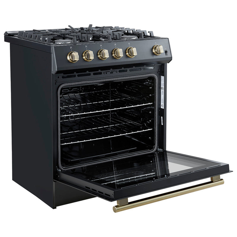 Forno 5-Piece Appliance Package - 30-Inch Gas Range, Under Cabinet Range Hood,  French Door Refrigerator, Dishwasher, and  Microwave Drawer in Black with Antique Brass Trim