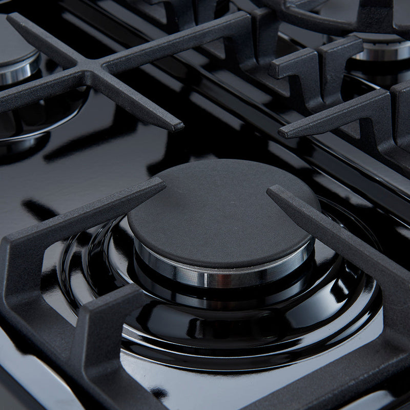 Forno 5-Piece Appliance Package - 30-Inch Gas Range, Under Cabinet Range Hood, Refrigerator, Dishwasher, and 30-Inch Microwave Drawer in Black with Antique Brass Trim