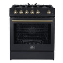 Forno 5-Piece Appliance Package - 30-Inch Gas Range, Under Cabinet Range Hood, Refrigerator, Dishwasher, and  30-Inch Microwave Oven in Black with Antique Brass Trim