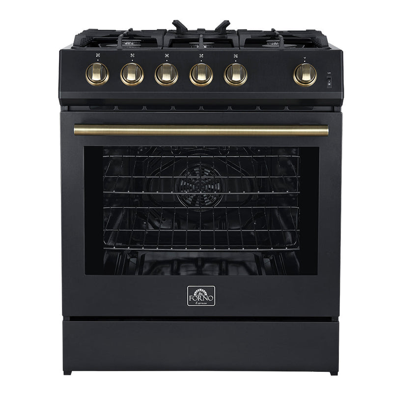 Forno 5-Piece Appliance Package - 30-Inch Gas Range, Under Cabinet Range Hood,  French Door Refrigerator, Dishwasher, and  Microwave Drawer in Black with Antique Brass Trim
