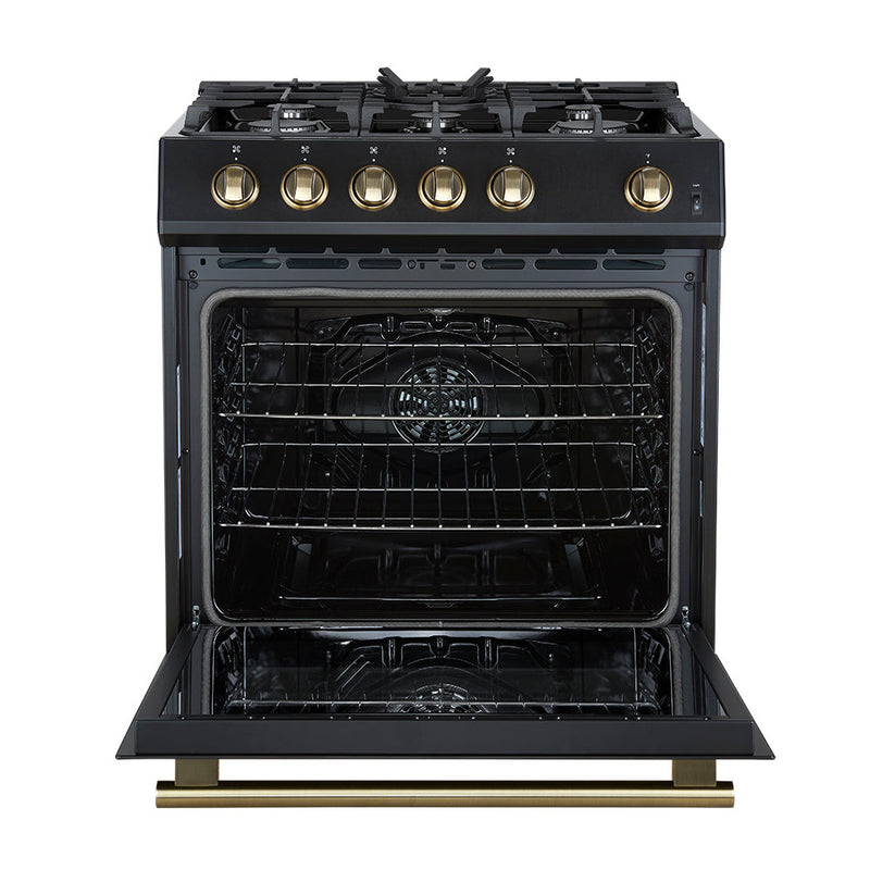 Forno 5-Piece Appliance Package - 30-Inch Gas Range, Under Cabinet Range Hood,  French Door Refrigerator, Dishwasher, and  Microwave Drawer in Black with Antique Brass Trim