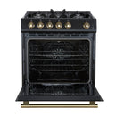 Forno 5-Piece Appliance Package - 30-Inch Gas Range, Under Cabinet Range Hood, Refrigerator wth Water Dispenser, Dishwasher, and 30-Inch Microwave Drawer in Black with Antique Brass Trim