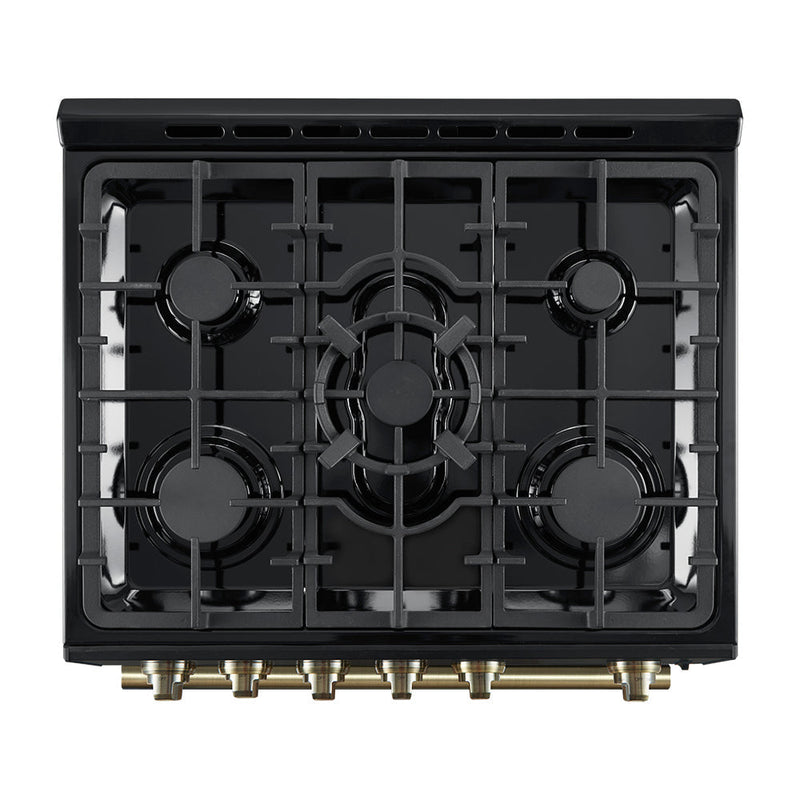 Forno 5-Piece Appliance Package - 30-Inch Gas Range, Under Cabinet Range Hood,  French Door Refrigerator, Dishwasher, and  Microwave Drawer in Black with Antique Brass Trim