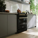 Forno 4-Piece Appliance Package - 30-Inch Espresso Gas Range , Wall Mount Range Hood, 60-Inch Built-In Convertible Refrigerator, and Dishwasher in Black with Antique Brass Handle