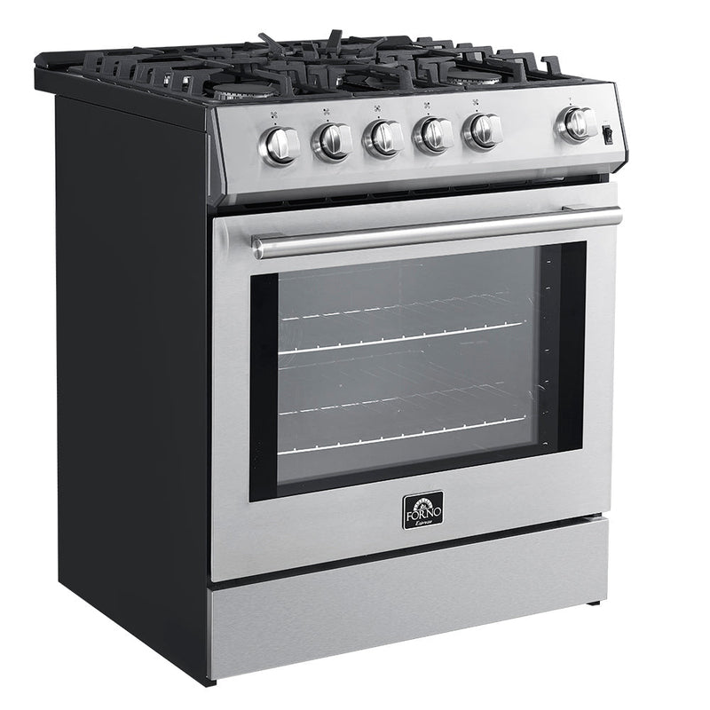 Forno 5-Piece Appliance Package - 30-Inch Gas Range, Under Cabinet Range Hood, Refrigerator wth Water Dispenser, Dishwasher, and 30-Inch Microwave Drawer in Stainless Steel