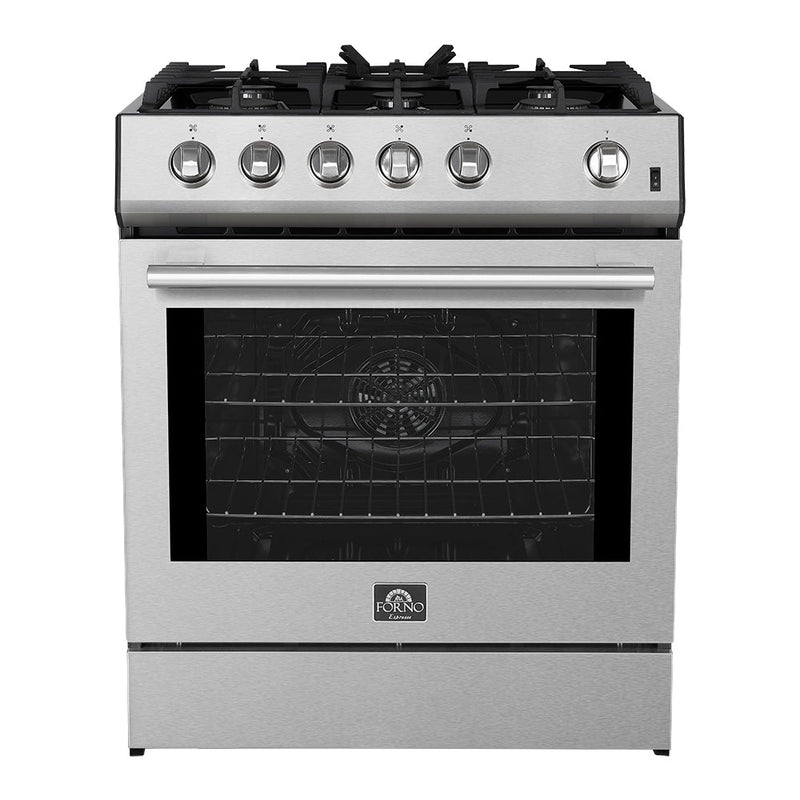 Forno 5-Piece Appliance Package - 30-Inch Gas Range, Under Cabinet Range Hood, Refrigerator wth Water Dispenser, Dishwasher, and 30-Inch Microwave Drawer in Stainless Steel