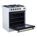 Forno 5-Piece Appliance Package - 30-Inch Gas Range, Under Cabinet Range Hood, Refrigerator with Water Dispenser, Dishwasher, and  30-Inch Microwave Oven in White with Antique Brass Trim