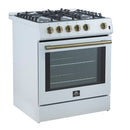 Forno 4-Piece Appliance Package - 30-Inch Gas Range, Under Cabinet Range Hood, Refrigerator with Water Dispenser, and Dishwasher in White with Antique Brass Trim