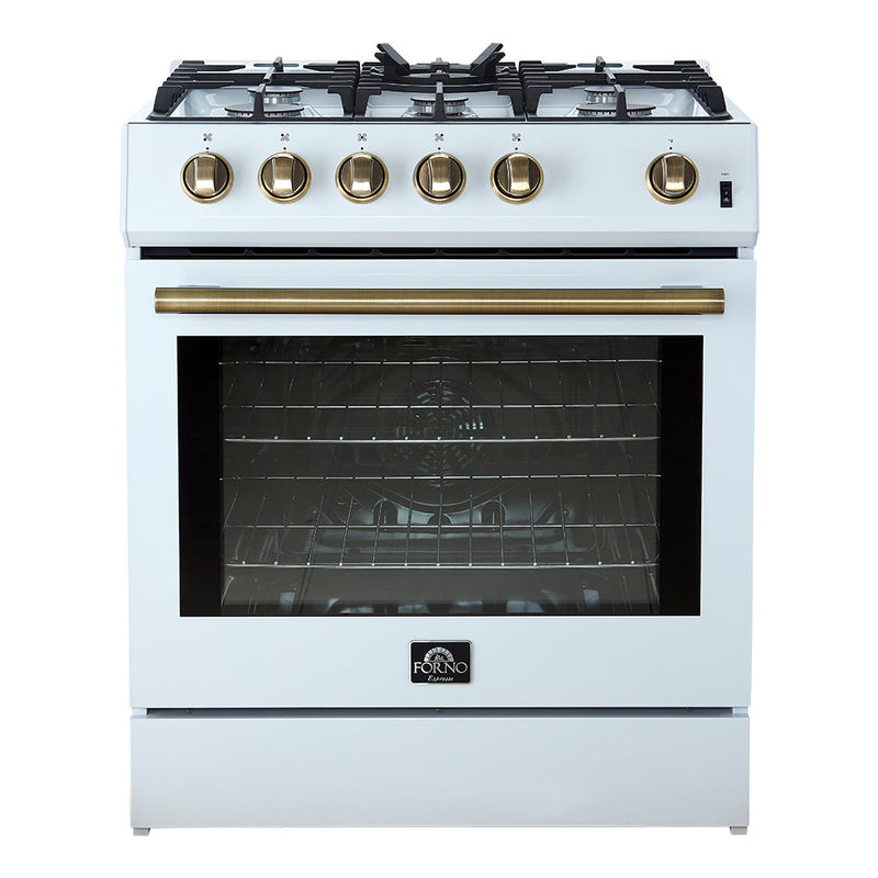 Forno 3-Piece Appliance Package - 30-Inch Gas Range, Under Cabinet Range Hood, & Refrigerator in White with Antique Brass Trim