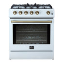 Forno 4-Piece Appliance Package - 30-Inch Gas Range, Under Cabinet Range Hood, Refrigerator, and Dishwasher in White with Antique Brass Trim