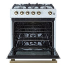 Forno 5-Piece Appliance Package - 30-Inch Gas Range, Under Cabinet Range Hood, Refrigerator with Water Dispenser, Dishwasher, and  Microwave Drawer in  White with Antique Brass Trim