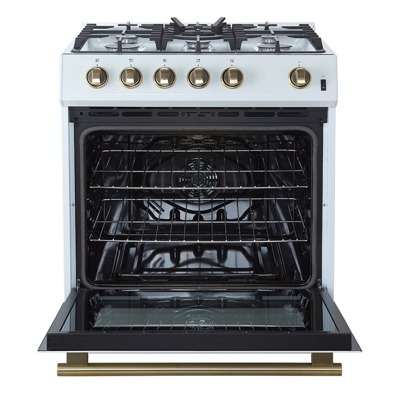 Forno 3-Piece Appliance Package - 30-Inch Gas Range, Under Cabinet Range Hood, & Refrigerator in White with Antique Brass Trim