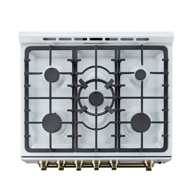 Forno 3-Piece Appliance Package - 30-Inch Gas Range, Under Cabinet Range Hood, & Refrigerator in White with Antique Brass Trim