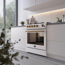 Forno 4-Piece Appliance Package - 30-Inch Espresso Gas Range , Wall Mount Range Hood, 36-Inch French Door Refrigerator, and Dishwasher in White with Antique Brass Handle