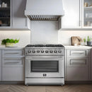 Forno 36-Inch Galiano 5.36 Cu. Ft. Dual Fuel Range with 6 Gas Burners, 240v Electric Convection Oven in Stainless Steel shown in a styled kitchen
