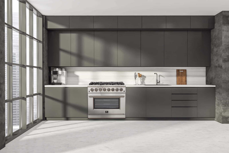 Forno 5-Piece Pro Appliance Package - 36-Inch Dual Fuel Range, 60-Inch Pro-Style Refrigerator, Wall Mount Hood with Backsplash, 24-Inch Microwave Drawer, & 3-Rack Dishwasher in Stainless Steel