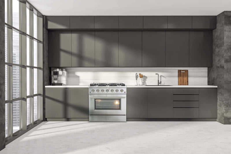 Forno 4-Piece Appliance Package - 36-Inch Gas Range, Refrigerator, Wall Mount Hood with Backsplash, & 3-Rack Dishwasher in Stainless Steel