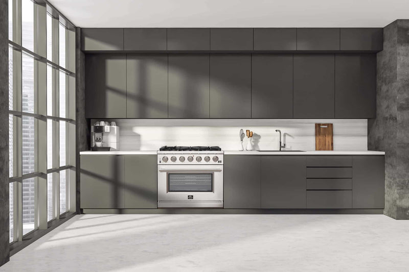 Forno 4-Piece Pro Appliance Package - 36-Inch Gas Range, Refrigerator, Wall Mount Hood, & 3-Rack Dishwasher in Stainless Steel