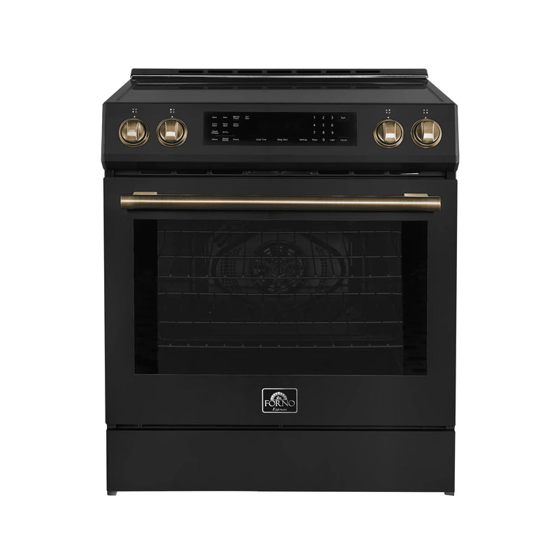Forno 5-Piece Appliance Package - 30-Inch Induction Range, Under Cabinet Range Hood, Refrigerator with Water Dispenser, Dishwasher, and 30-Inch Microwave Oven in Black with Antique Brass Trim