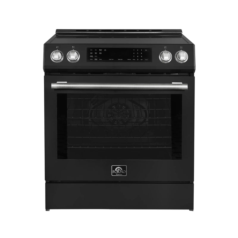 Forno 5-Piece Appliance Package - 30-Inch Inducton Range, Under Cabinet Range Hood, Refrigerator with Water Dispenser, Dishwasher, and 24-Inch Microwave Oven in Black with Antique Brass Trim