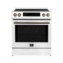 Forno 5-Piece Appliance Package - 30-Inch Induction Range, Under Cabinet Range Hood, Refrigerator with Water Dispenser, Dishwasher, and 30-Inch Microwave Drawer in White with Antique Brass Trim