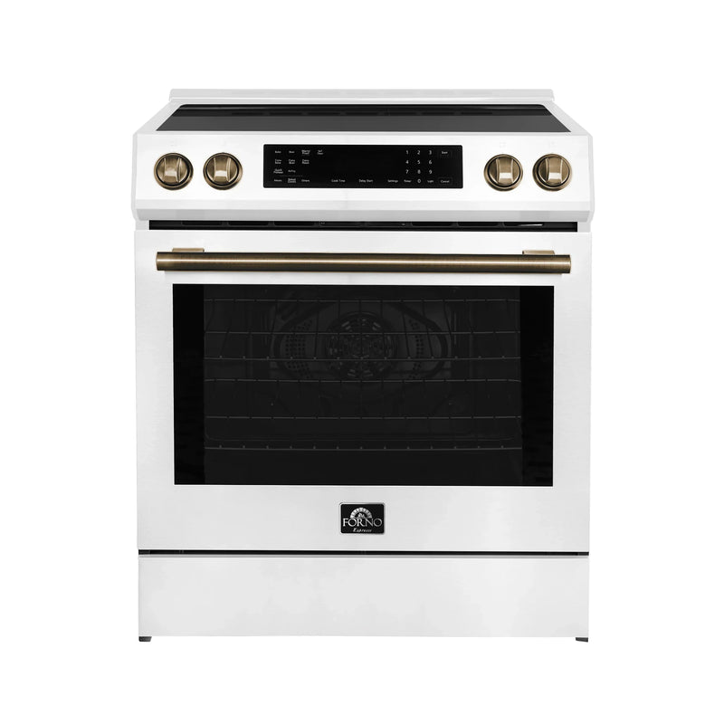 Forno 5-Piece Appliance Package - 30-Inch Induction Range, Under Cabinet Range Hood, Refrigerator with Water Dispenser, Dishwasher, and 30-Inch Microwave Oven in White with Antique Brass Trim