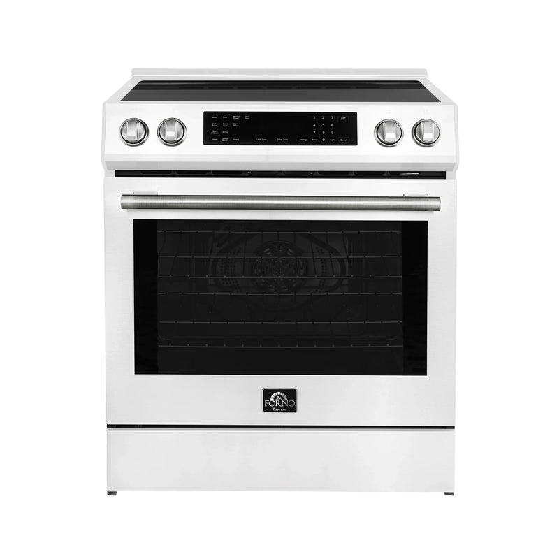 Forno 5-Piece Appliance Package - 30-Inch Induction Range, Under Cabinet Range Hood, Refrigerator with Water Dispenser, Dishwasher, and 30-Inch Microwave Oven in White with Antique Brass Trim