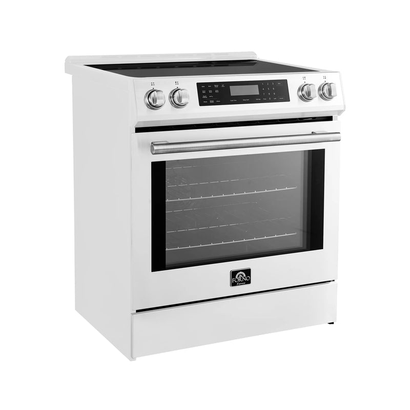 Forno 5-Piece Appliance Package - 30-Inch Induction Range, Under Cabinet Range Hood, Refrigerator, Dishwasher, and 30-Inch Microwave Oven in White with Antique Brass Trim