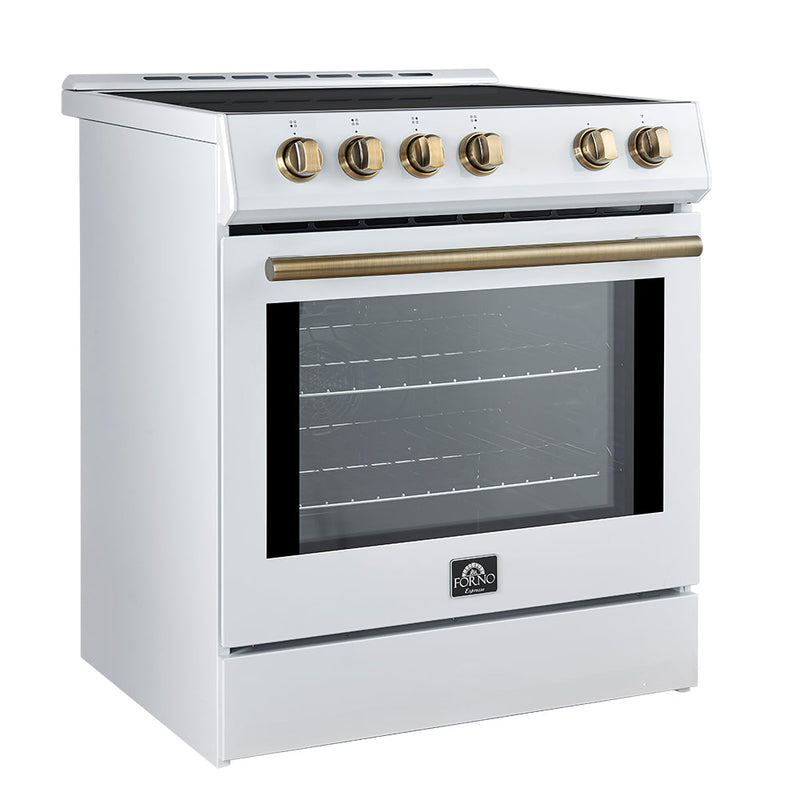 Forno 5-Piece Appliance Package - 30-Inch Induction Range, Under Cabinet Range Hood, Refrigerator, Dishwasher, and 30-Inch Microwave Oven in White with Antique Brass Trim
