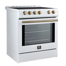 Forno 5-Piece Appliance Package - 30-Inch Inducton Range, Under Cabinet Range Hood, Refrigerator with Water Dispenser, Dishwasher, and  24-Inch Microwave Oven in White with Antique Brass Trim