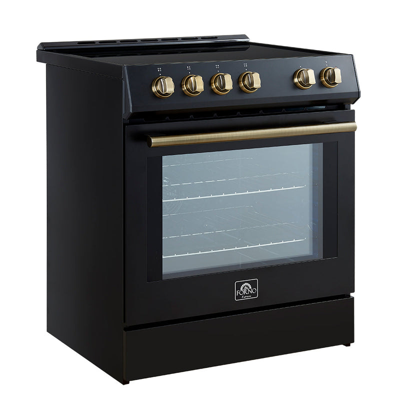 Forno 5-Piece Appliance Package - 30-Inch Inducton Range, Under Cabinet Range Hood, Refrigerator, Dishwasher, and 24-Inch Microwave Oven in Black with Antique Brass Trim