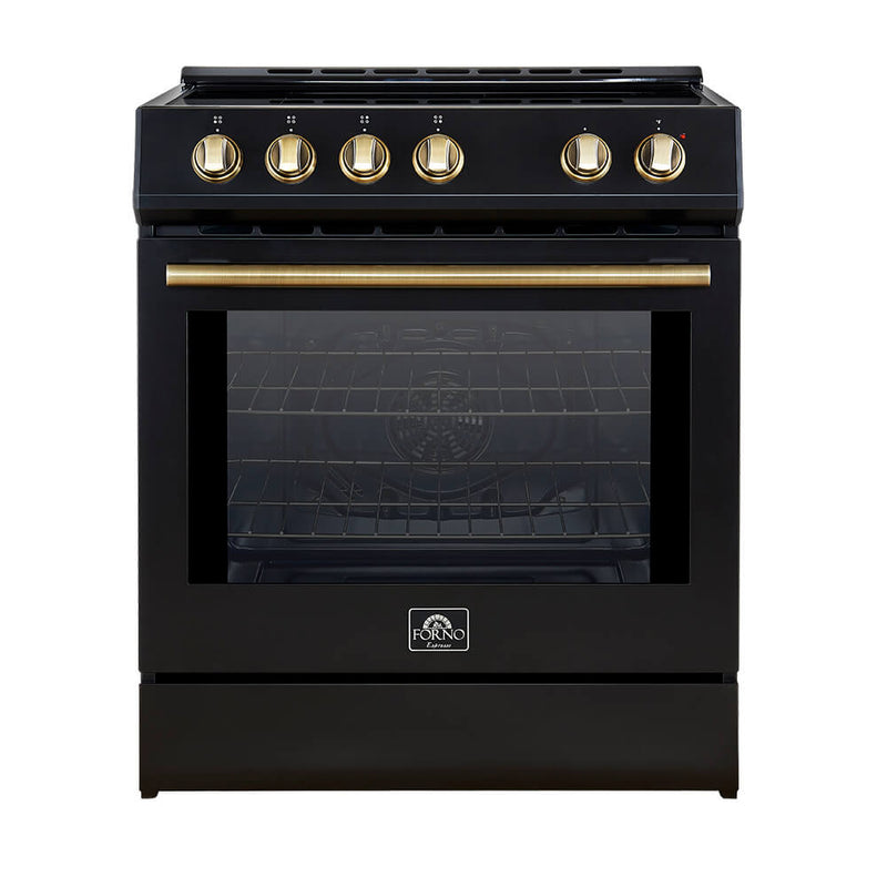 Forno 5-Piece Appliance Package - 30-Inch Induction Range, Under Cabinet Range Hood, Refrigerator with Water Dispenser, Dishwasher, and 30-Inch Microwave Oven in Black with Antique Brass Trim