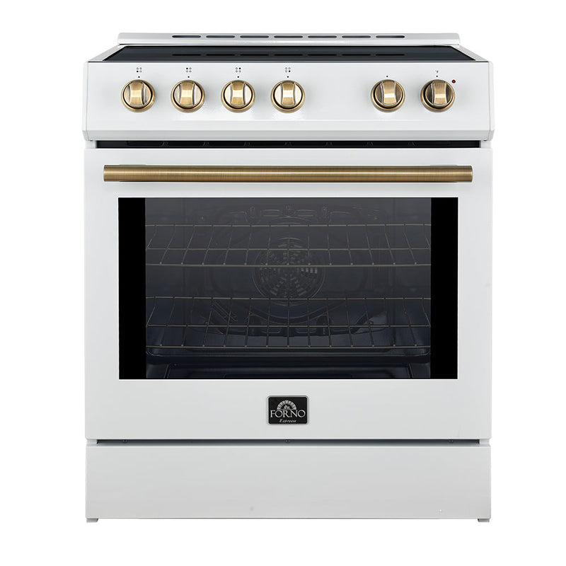 Forno 5-Piece Appliance Package - 30-Inch Induction Range, Under Cabinet Range Hood, Refrigerator, Dishwasher, and 30-Inch Microwave Oven in White with Antique Brass Trim