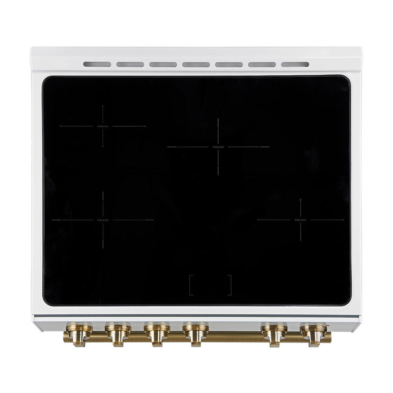 Forno 5-Piece Appliance Package - 30-Inch Inducton Range, Under Cabinet Range Hood, Refrigerator, Dishwasher, and 24-Inch Microwave Oven in White with Antique Brass Trim