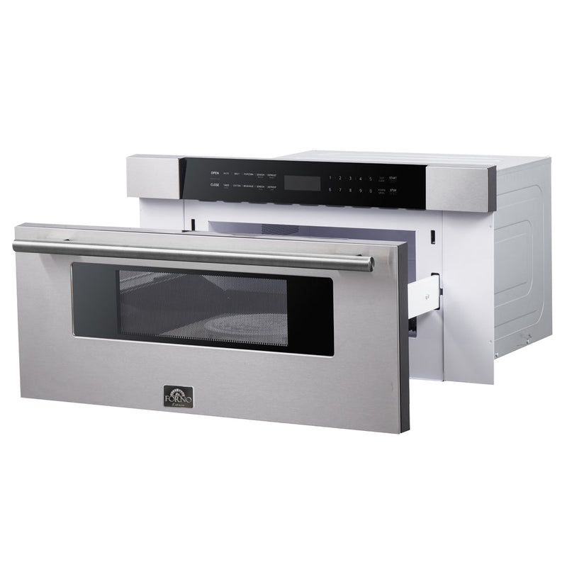 Forno 5-Piece Appliance Package - 30-Inch Gas Range, Under Cabinet Range Hood, Refrigerator wth Water Dispenser, Dishwasher, and 30-Inch Microwave Drawer in Stainless Steel