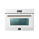Forno Galiano 5-Piece Appliance Package - 48-Inch Dual Fuel Range, 48-Inch Hood, 36-Inch Refrigerator, 24-Inch Dishwasher, & 30-Inch Microwave Drawer in White with Antique Brass Trim