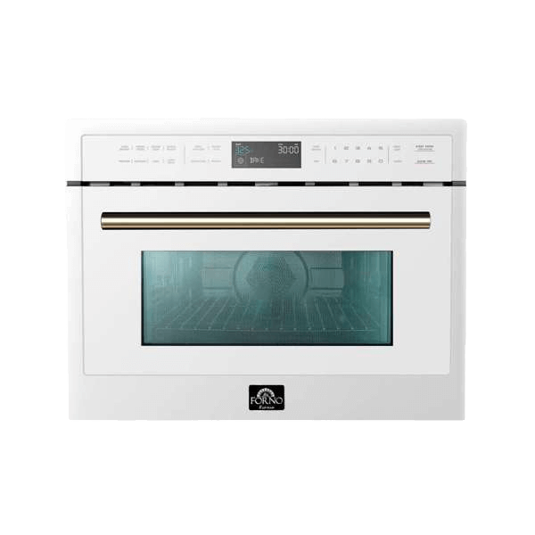 Forno Galiano 5-Piece Appliance Package - 36-Inch Gas Range, 36-Inch Hood, 36-Inch Refrigerator, 24-Inch Dishwasher, & 24-Inch Microwave Oven in White with Antique Brass Trim
