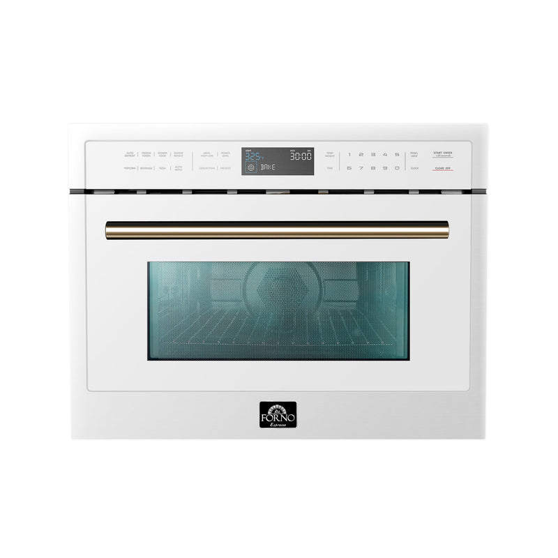 Forno Galiano 5-Piece Appliance Package - 36-Inch Gas Range, 36-Inch Hood, 36-Inch Refrigerator, 24-Inch Dishwasher, & 30-Inch Microwave Drawer in White with Antique Brass Trim