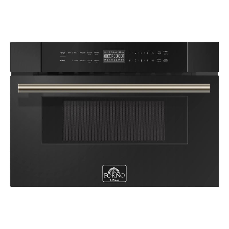 Forno Galiano 5-Piece Appliance Package - 36-Inch Gas Range, 36-Inch Hood, 36-Inch Refrigerator, 24-Inch Dishwasher, & 30-Inch Microwave Drawer in Black with Antique Brass Trim