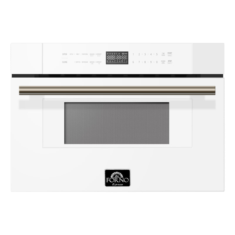 Forno Galiano 5-Piece Appliance Package - 36-Inch Gas Range, 36-Inch Hood, 36-Inch Refrigerator, 24-Inch Dishwasher, & 30-Inch Microwave Drawer in White with Antique Brass Trim