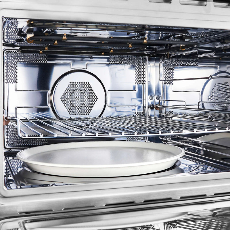 Forno Galiano 5-Piece Appliance Package - 36-Inch Dual Fuel Range, 36-Inch Hood, 36-Inch Refrigerator, 24-Inch Dishwasher, & 24-Inch Microwave Oven in Black with Antique Brass Trim