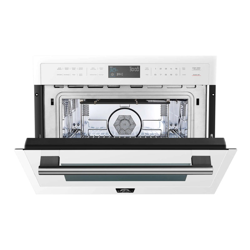 Forno Galiano 5-Piece Appliance Package - 36-Inch Gas Range, 36-Inch Hood, 36-Inch Refrigerator, 24-Inch Dishwasher, & 24-Inch Microwave Oven in White with Antique Brass Trim