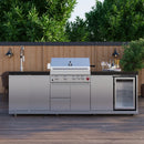 Forno Bulnes Outdoor Kitchen 30-Inch BBQ 60,000 BTU, with Sear, Rotisserie Infrared Burners, 1.8 Cu.Ft. Beverage Center, & Black Countertops shown in a backyard outdoor kitchen