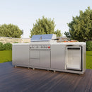 Forno Bulnes Outdoor Kitchen 30-Inch BBQ 60,000 BTU, with Sear, Rotisserie Infrared Burners, 1.8 Cu.Ft. Beverage Center, & White Countertops shown in a backyard outdoor kitchen