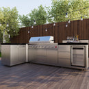 Forno Bulnes Outdoor Kitchen 40-Inch BBQ 95,000 BTU, with 5 Burners, Sear & Rotisserie Infrared Side Burner, 1.8 cu.ft. Beverage Center & Black Granite Countertops shown in a backyard outdoor kitchen