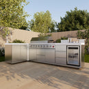 Forno Bulnes Outdoor Kitchen 40-Inch BBQ 95,000 BTU, with 5 Burners, Sear & Rotisserie Infrared Side Burner, 1.8 cu.ft. Beverage Center & White Sintered Stone Countertops shown in a backyard outdoor kitchen