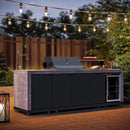 Forno Rimini Outdoor Kitchen 30-Inch BBQ 62,600 BTU, 3 Burners with Sear & Rotisserie, 2.4 cu.ft. Beverage Center, Stainless Steel Sink, Black Cabinets & Gray Sintered Stone Countertop shown in a backyard outdoor kitchen